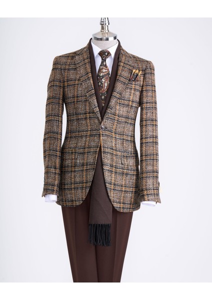 Italyan Stil Slim Fit Ekose Erkek Tek Ceket Siyah T13351 fiyatları