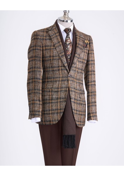 Italyan Stil Slim Fit Ekose Erkek Tek Ceket Siyah T13351 modelleri