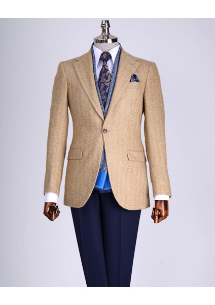 Italyan Stil Slim Fit Balıksırtı Desen Erkek Ceket Bej T13434 modelleri