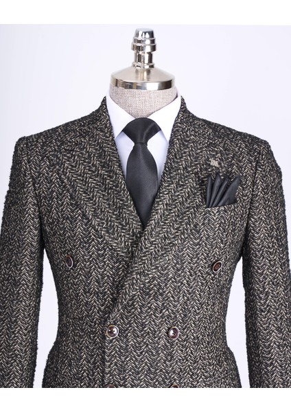 Italyan Stil Slim Fit Balıksırtı Desen Kruvaze Erkek Tek Ceket Siyah T13429 fiyatları