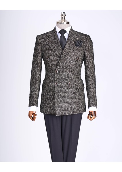 Italyan Stil Slim Fit Balıksırtı Desen Kruvaze Erkek Tek Ceket Siyah T13429 modelleri