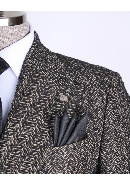 Italyan Stil Slim Fit Balıksırtı Desen Kruvaze Erkek Tek Ceket Siyah T13429 fırsatları