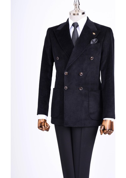 Italyan Stil Slim Fit Kadife Kruvaze Tek Ceket Siyah T13451
