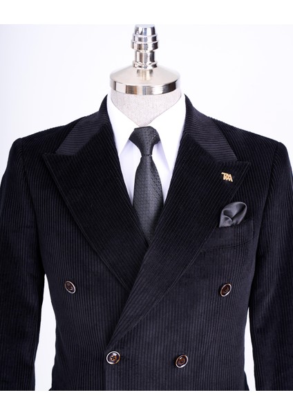 Italyan Stil Slim Fit Kadife Kruvaze Tek Ceket Siyah T13451 fiyatları