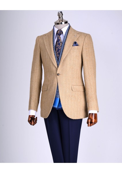 Italyan Stil Slim Fit Balıksırtı Desen Erkek Ceket Bej T13434