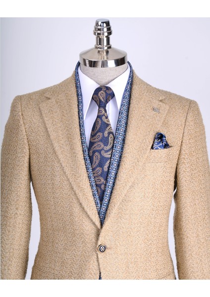 Italyan Stil Slim Fit Balıksırtı Desen Erkek Ceket Bej T13434