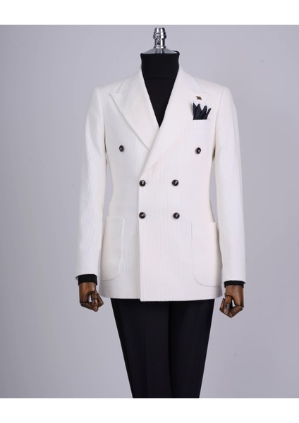 Italyan Stil Slim Fit Kadife Kruvaze Tek Ceket Ekru T13454 modelleri
