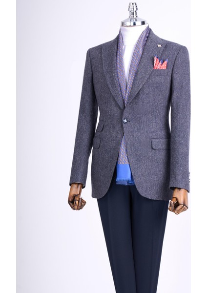 Italyan Stil Slim Fit Balıksırtı Desen Erkek Tek Ceket Lacivert T13299