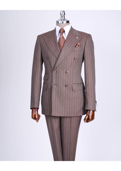 Italyan Stil Slim Fit Çizgili Kruvaze Ceket Pantolon Takım Elbise Kahverengi T13493