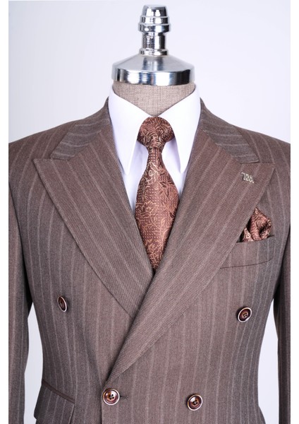 Italyan Stil Slim Fit Çizgili Kruvaze Ceket Pantolon Takım Elbise Kahverengi T13493 fiyatları