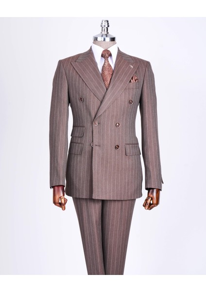 Italyan Stil Slim Fit Çizgili Kruvaze Ceket Pantolon Takım Elbise Kahverengi T13493 fırsatları