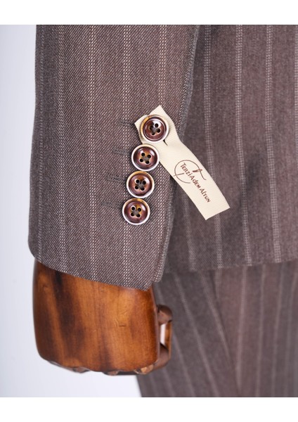 Italyan Stil Slim Fit Çizgili Kruvaze Ceket Pantolon Takım Elbise Kahverengi T13493 indirimleri