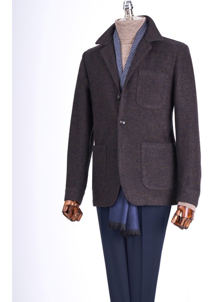 Italyan Stil Slim Fit Kaşe Spor Tek Ceket Erkek Kahverengi T13545