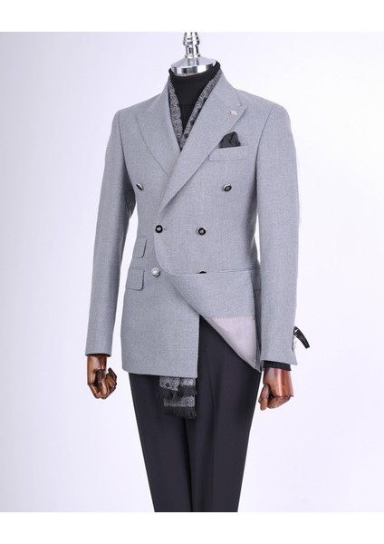 Italyan Stil Slim Fit Kruvaze Sivri Yaka Erkek Ceket Gri T13296