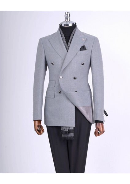 Italyan Stil Slim Fit Kruvaze Sivri Yaka Erkek Ceket Gri T13296 modelleri