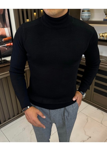 Italyan Stil Slim Fit Balıkçı Yaka Triko Erkek Kazak Siyah T13226