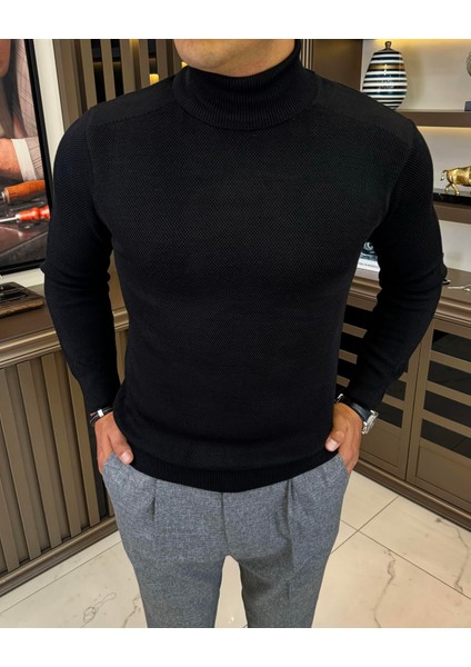Italyan Stil Slim Fit Balıkçı Yaka Triko Erkek Kazak Siyah T13226 fiyatları