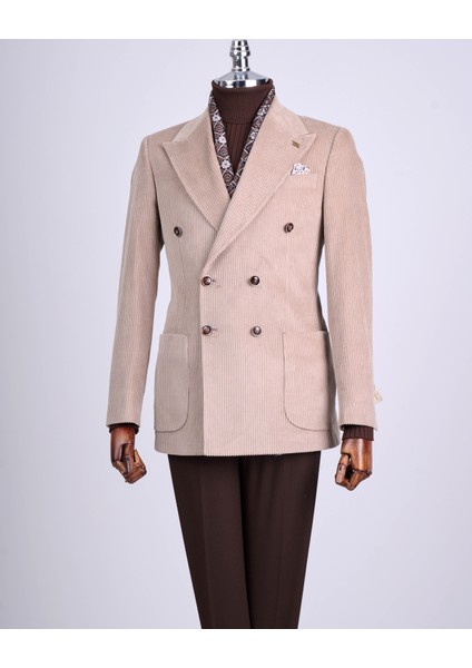 Italyan Stil Slim Fit Kadife Kruvaze Tek Ceket Bej T13453