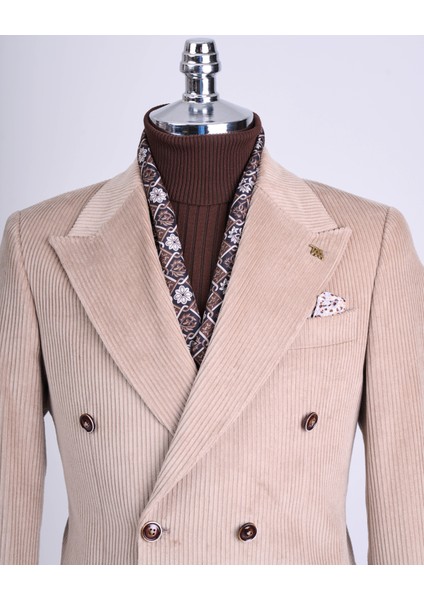 Italyan Stil Slim Fit Kadife Kruvaze Tek Ceket Bej T13453