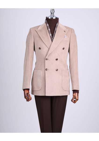 Italyan Stil Slim Fit Kadife Kruvaze Tek Ceket Bej T13453