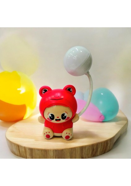 Sevimli Kurbağa Figürlü LED Gece Lambası Soft Işıklı Dekoratif Şık Lamba Şarjlı Kırmızı