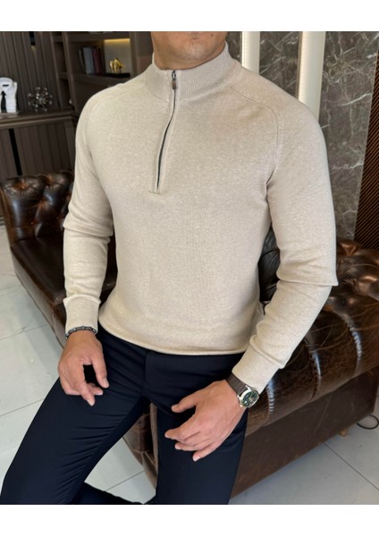 Italyan Stil Slim Fit Erkek Yarım Boğazlı Fermuarlı Triko Kazak Bej T13107