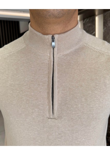 Italyan Stil Slim Fit Erkek Yarım Boğazlı Fermuarlı Triko Kazak Bej T13107 fiyatları
