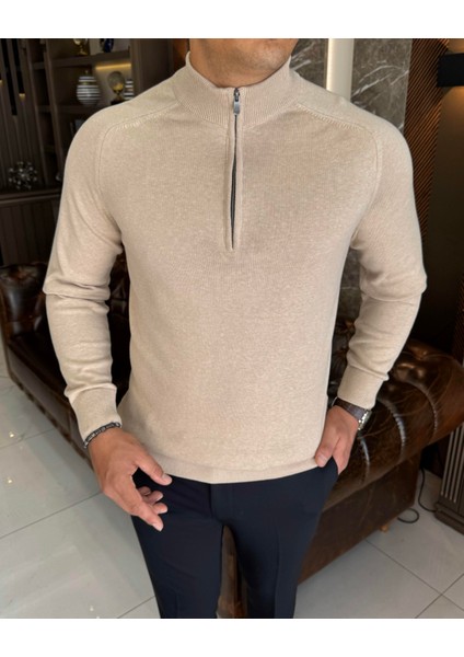 Italyan Stil Slim Fit Erkek Yarım Boğazlı Fermuarlı Triko Kazak Bej T13107 modelleri
