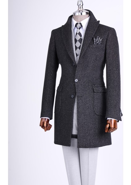 Italyan Stil Slim Fit Sivri Yaka Yün Karışımlı Kaşe Erkek Kaban Kahverengi T13455