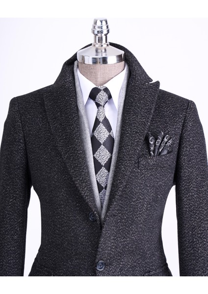 Italyan Stil Slim Fit Sivri Yaka Yün Karışımlı Kaşe Erkek Kaban Kahverengi T13455