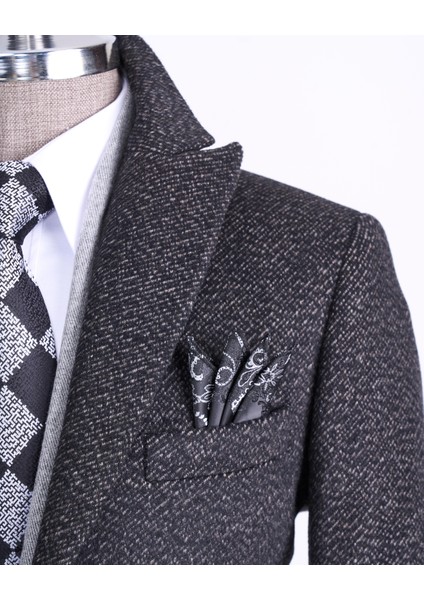 Italyan Stil Slim Fit Sivri Yaka Yün Karışımlı Kaşe Erkek Kaban Kahverengi T13455