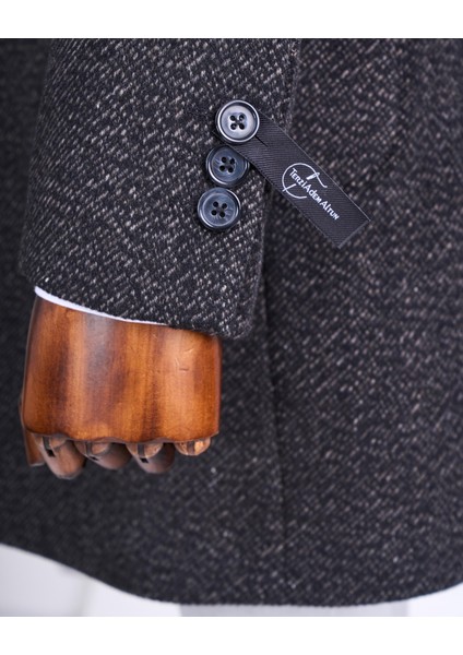 Italyan Stil Slim Fit Sivri Yaka Yün Karışımlı Kaşe Erkek Kaban Kahverengi T13455