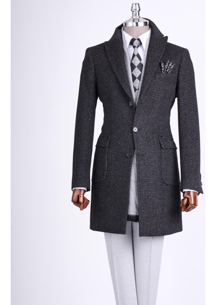 Italyan Stil Slim Fit Sivri Yaka Yün Karışımlı Kaşe Erkek Kaban Kahverengi T13455