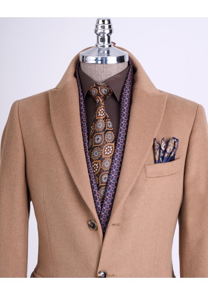 Italyan Stil Slim Fit Sivri Yaka Yün Karışımlı Kaşe Erkek Kaban Camel T13447