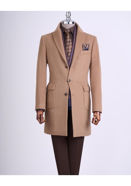 Italyan Stil Slim Fit Sivri Yaka Yün Karışımlı Kaşe Erkek Kaban Camel T13447