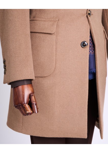Italyan Stil Slim Fit Sivri Yaka Yün Karışımlı Kaşe Erkek Kaban Camel T13447