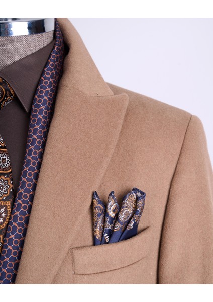 Italyan Stil Slim Fit Sivri Yaka Yün Karışımlı Kaşe Erkek Kaban Camel T13447
