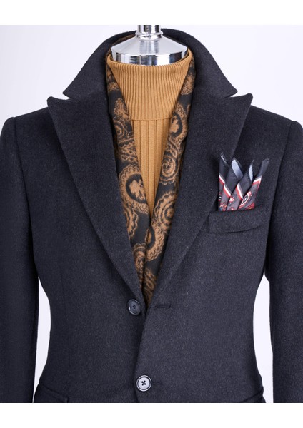 Italyan Stil Slim Fit Sivri Yaka Yün Karışımlı Kaşe Erkek Kaban Antrasit T13444