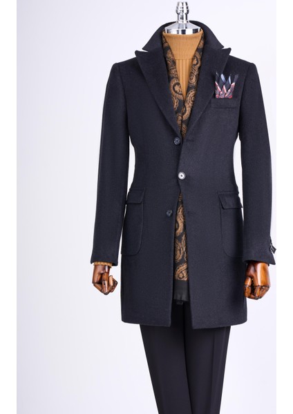 Italyan Stil Slim Fit Sivri Yaka Yün Karışımlı Kaşe Erkek Kaban Antrasit T13444