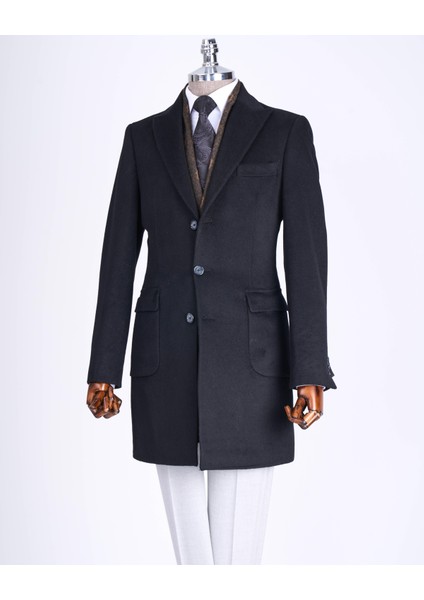 Italyan Stil Slim Fit Sivri Yaka Yün Karışımlı Kaşe Erkek Kaban Siyah T13363