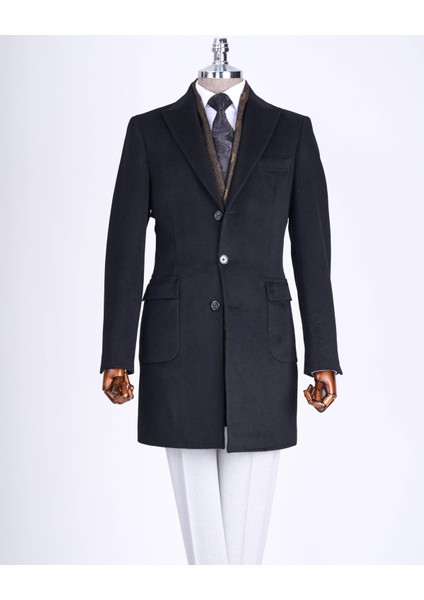 Italyan Stil Slim Fit Sivri Yaka Yün Karışımlı Kaşe Erkek Kaban Siyah T13363