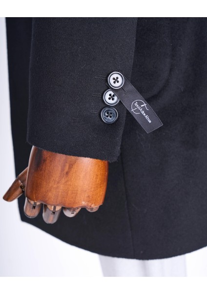 Italyan Stil Slim Fit Sivri Yaka Yün Karışımlı Kaşe Erkek Kaban Siyah T13363