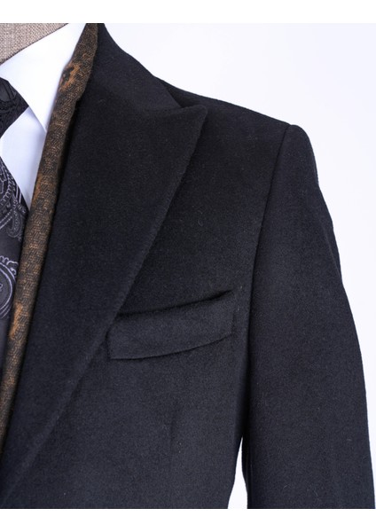 Italyan Stil Slim Fit Sivri Yaka Yün Karışımlı Kaşe Erkek Kaban Siyah T13363