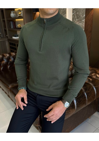 Italyan Stil Slim Fit Erkek Yarım Boğazlı Fermuarlı Triko Kazak Yeşil T13105