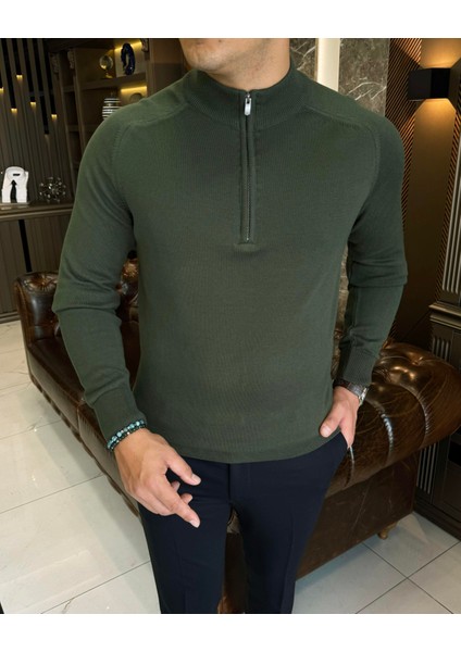 Italyan Stil Slim Fit Erkek Yarım Boğazlı Fermuarlı Triko Kazak Yeşil T13105 modelleri