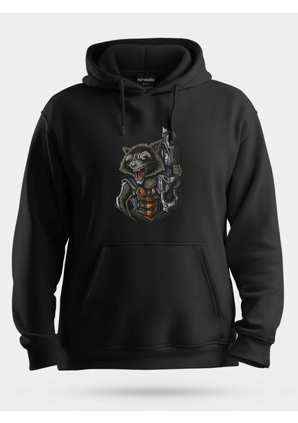 Roket Rakun Siyah Unisex Kapüşonlu Sweatshirt