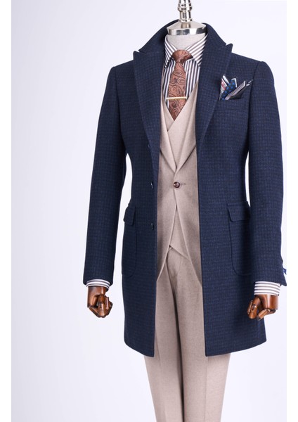 Italyan Stil Slim Fit Sivri Yaka Yün Karışımlı Kaşe Erkek Kaban Lacivert T13442