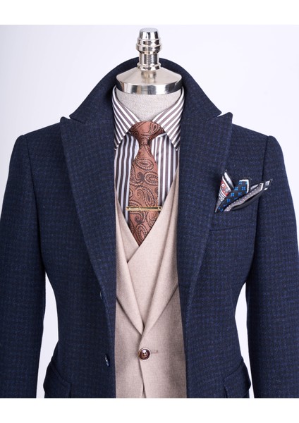 Italyan Stil Slim Fit Sivri Yaka Yün Karışımlı Kaşe Erkek Kaban Lacivert T13442 fiyatları