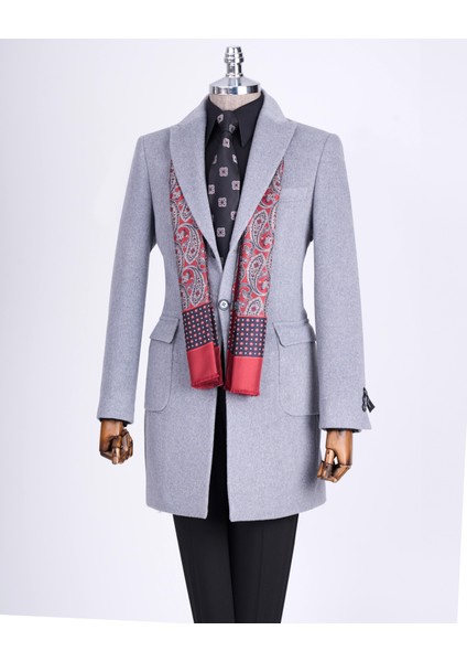 Italyan Stil Slim Fit Sivri Yaka Yün Karışımlı Kaşe Erkek Kaban Gri T13365