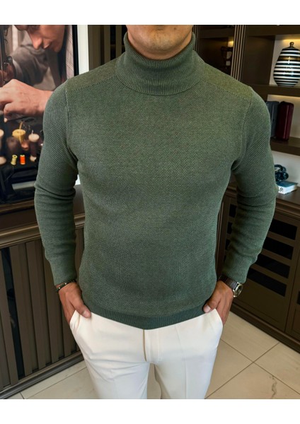 Italyan Stil Slim Fit Balıkçı Yaka Triko Erkek Kazak Haki T13223
